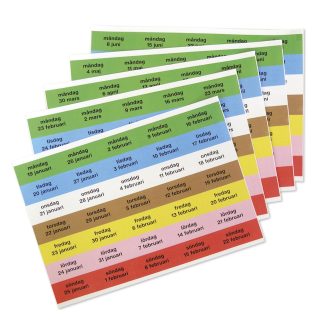 Datumetiketter i veckodagsfärger, vårterminen